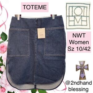NWT TOTEME Curved Hem Denim Skirt Women Sz 10/42, Dark Blue Hi-Lo Organic Cotton